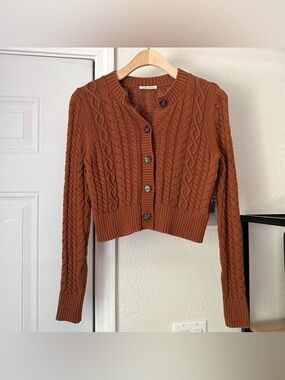 REFORMATION rust organic cotton chunky cable knit button up cropped cardigan
